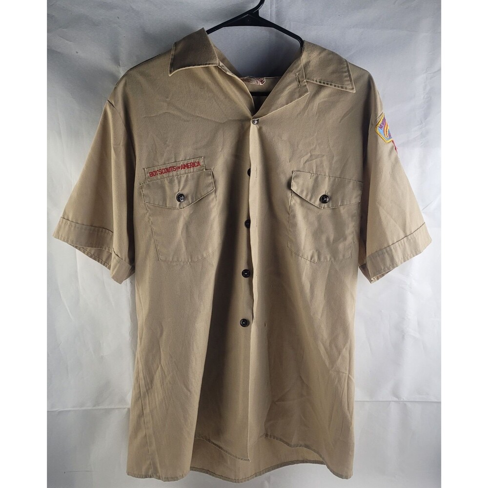 Boy Scouts Of America Vintage Youth L Uniform Tan Button Up Shirt With Patches